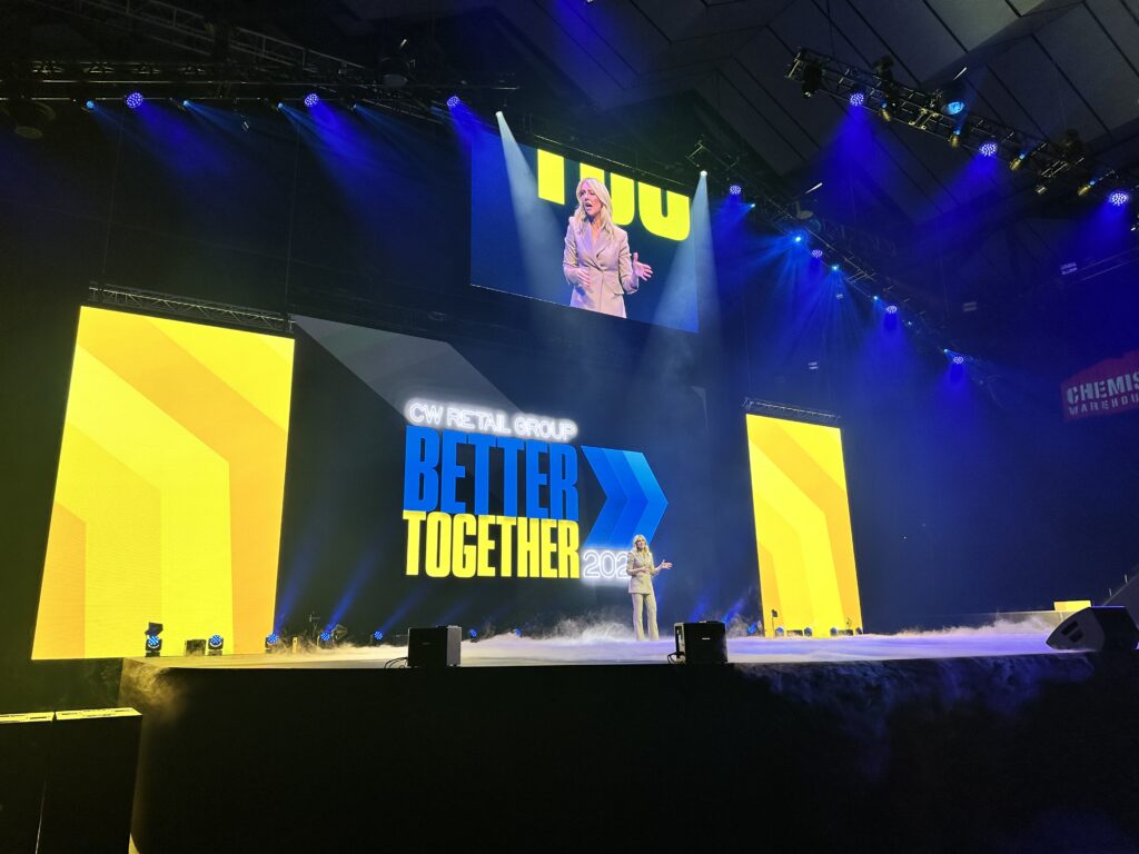 AV LED Screen MCA Audio Lighting WOOHAH Conference Chemist Warehouse Cameras Media Server Barco E2 Camera Direction